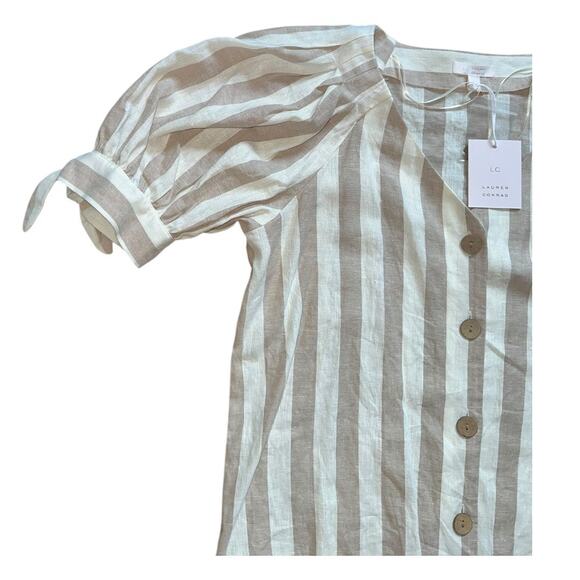 LC Lauren Conrad Knot-Sleeve Button-Front beige white striped Linen top NWT - Picture 6 of 9